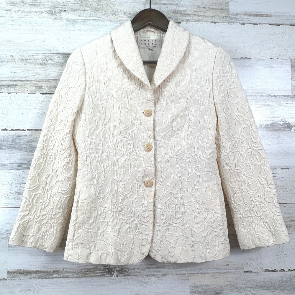 Joseph Abboud Blazer Women 8 Cream Wool Silk Jacquard Shawl Collar Chic Luxury